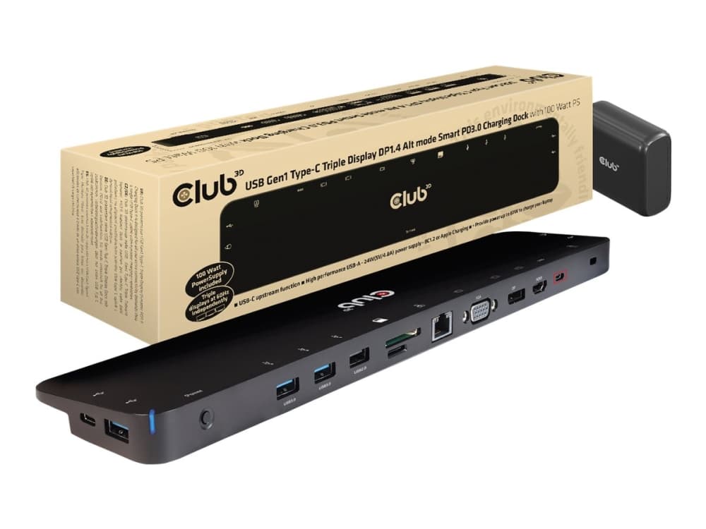 CLUB3D USB Gen1 Type-C Triple Display DP1.4 Alt mode Smart PD3.0 Charging Dock with 100 Watt Power Supply, Telakointi, USB 3.2 Gen 1 (3.1 Gen 1) Type-C, Musta