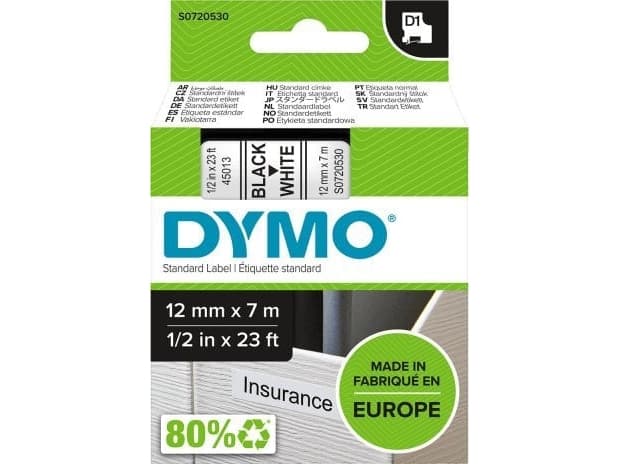 DYMO D1 - vakiopolyesteritarrat - Mustaa valkoisella -12mm x 7m, Musta valkoisella, Polyesteri, Belgia, -18 - 90 °C, DYMO, LabelManager, LabelWriter 450 DUO