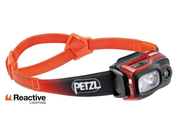 Petzl SWIFT RL, Taskulamppu otsanauhalla, Musta, Oranssi, Valkoinen, Painikkeet, IPX4, Akkutaso, CE, UKCA