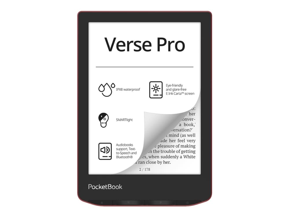 PocketBook Verse Pro, 15,2 cm (6), E Ink Carta, 1072 x 1448 pikseliä, ACSM, AZW, AZW3, CBR, CBZ, CHM, DOC, DOCX, DjVu, EPUB, EPUB DRM, FB2, FB2.ZIP, HTM, HTML, MOBI,..., M4A, M4B, MP3, OGG, BMP, JPEG, PNG, TIFF