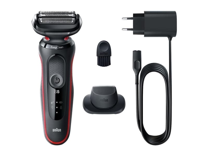 Braun Series 6 61-R1200s, kalvoparranajokone, SensoFlex, SensoFoil, painikkeet, musta, punainen, LED, akku, paristo