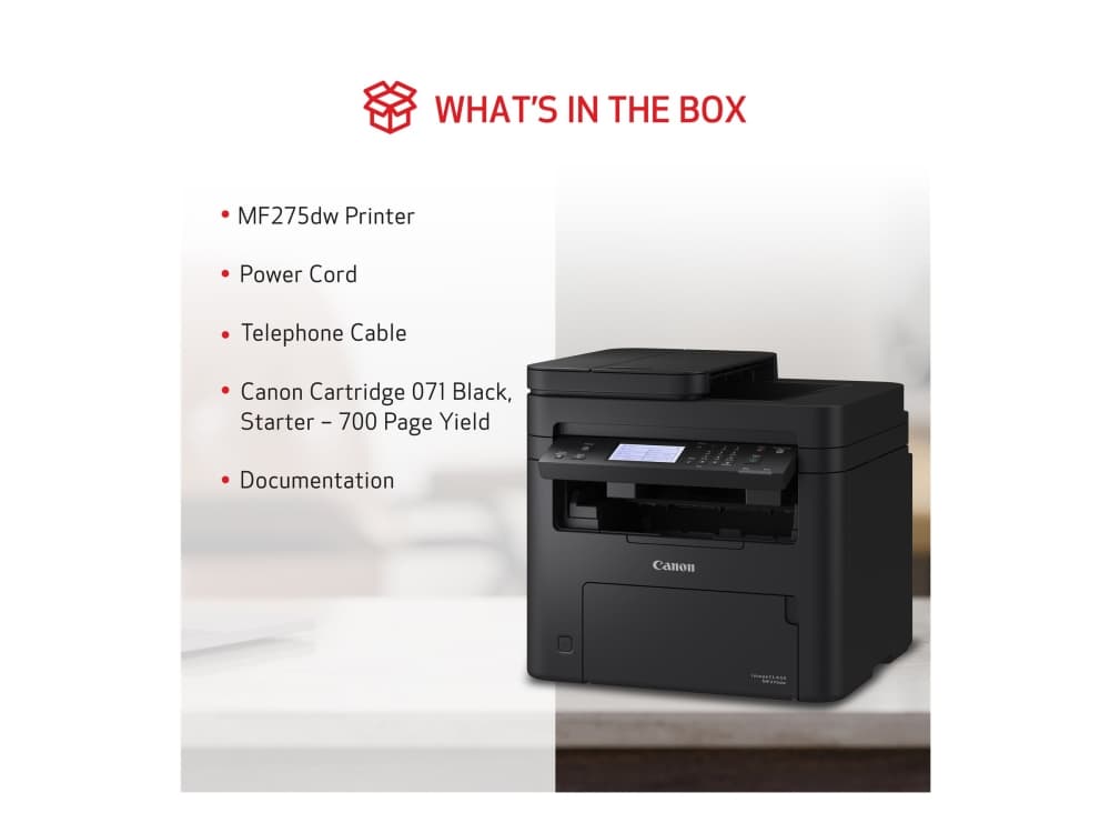 Canon i-SENSYS MF275dw, Laser, Yksittäistulostus, 2400 x 600 DPI, Yksittäiskopiointi, A4, Musta