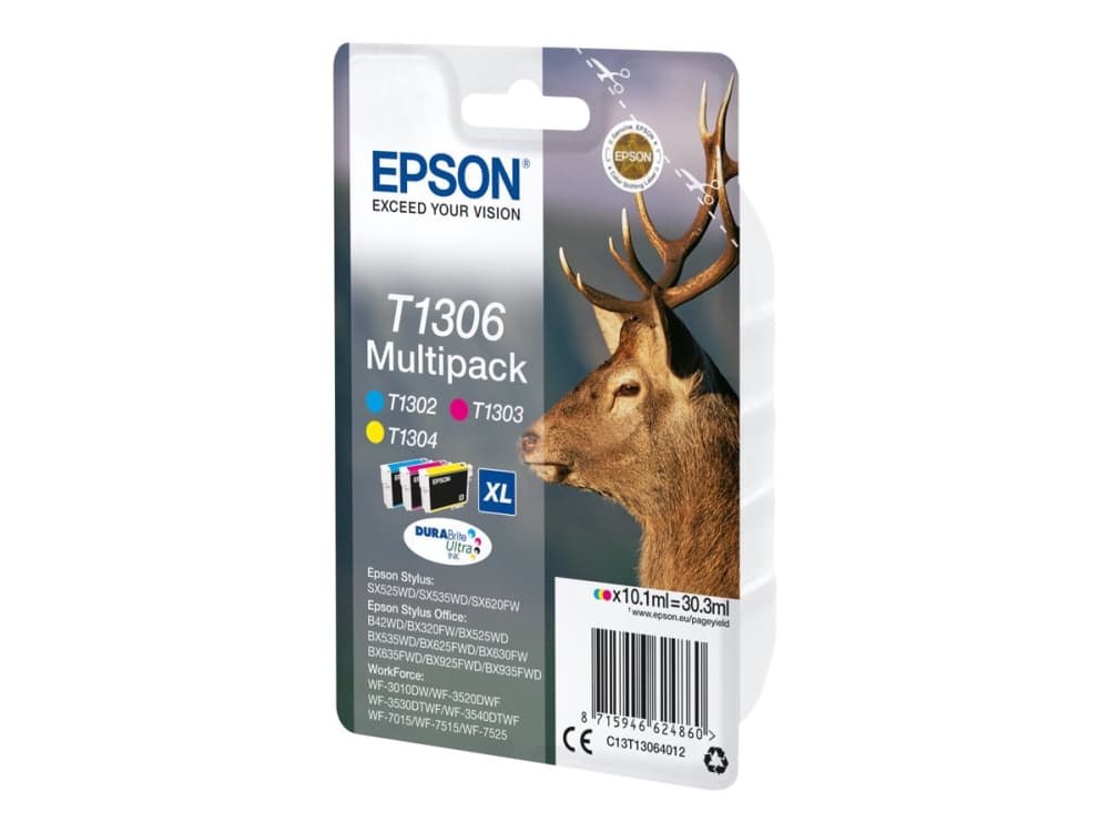 Epson T1306 Multipack - 3 pakkausta - 30,3 ml - XL - keltainen, syaani, magenta - alkuperäinen - värikasetti - Stylus Office BX630, BX635, BX935 WorkForce WF-3010, 3520, 3530, 3540, 7015, 7515, 7525 - alkuperäiskasetti