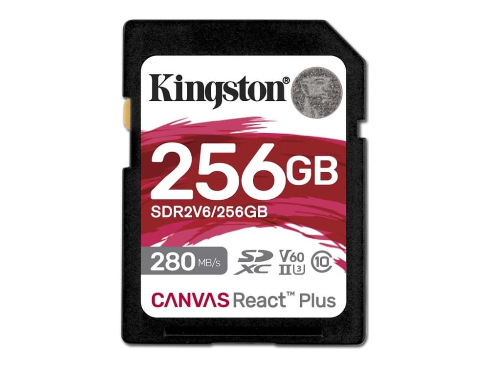 Kingston Technology 256 Gt Canvas React Plus SDXC UHS-II 280R/150W U3 V60, täysteräväpiirto/4K, 256 GB, SDXC, Luokka 10, UHS-II, 280 MB/s, 150 MB/s