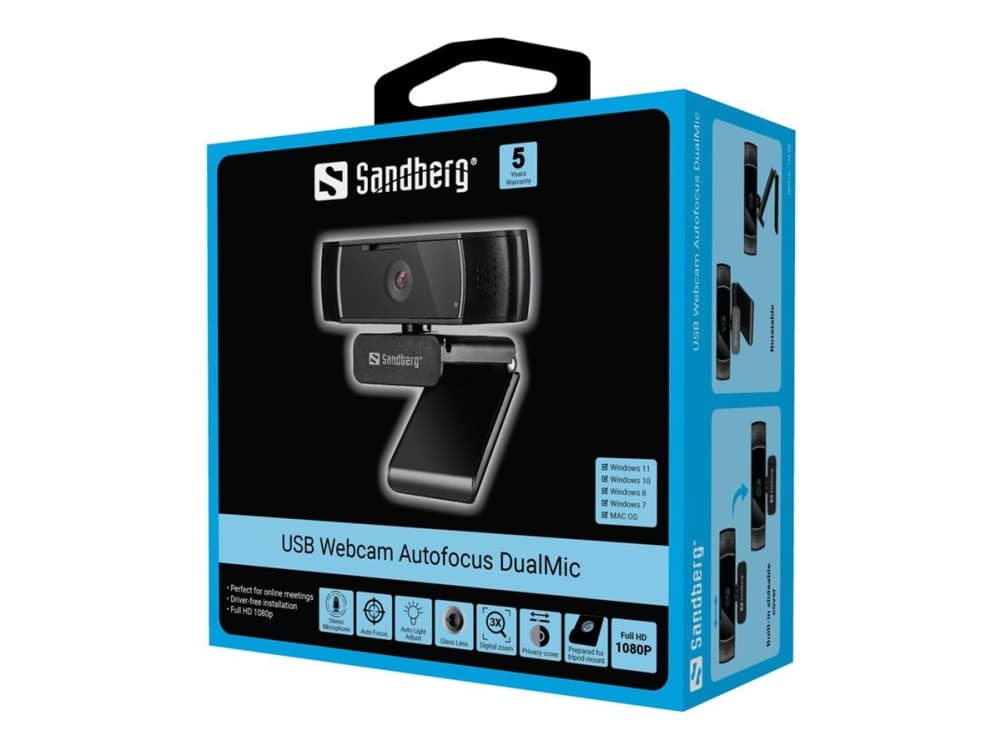Sandberg USB Webcam Autofocus DualMic, 2,07 MP, 1920 x 1080 pikseliä, Full HD, 30 fps, 70°, 70°
