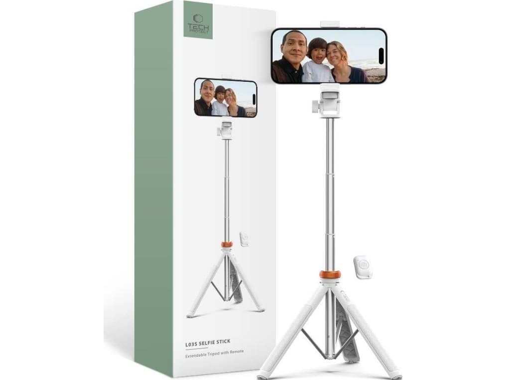 Selfie-tikku Tech-Protect L03S Bluetooth kaukosäätimellä, jalustalla jopa 148cm ja pää 180 - valkoinen