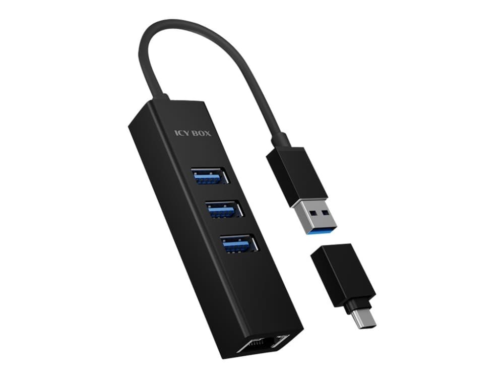 ICY BOX IB-HUB1419-LAN, USB 3.2 Gen 1 (3.1 Gen 1) Type-A, 10,100,1000 Mbit/s, IEEE 802.1Q, IEEE 802.1p, IEEE 802.3, IEEE 802.3az, IEEE 802.3u, IEEE 802.3x, Musta, RJ-45, USB 3.2 Gen 1 (3.1 Gen 1) Type-A, Alumiini