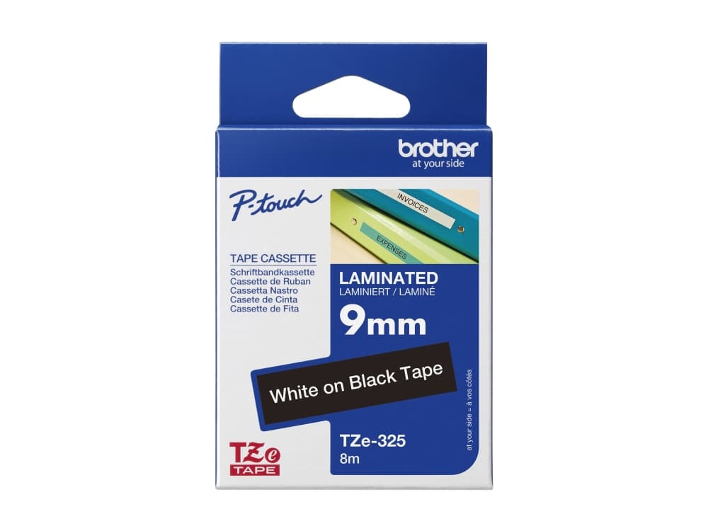 Brother TZe-325 - Standard klæbemiddel - hvid på sort - Rulle (0,9 cm x 8 m) 1 kassette(r) lamineret bånd - for Brother PT-D210, D600, H110 P-Touch PT-1005, 1880, E800, H110 P-Touch Cube Plus PT-P710 P-Touch Cube Plus PT-P710