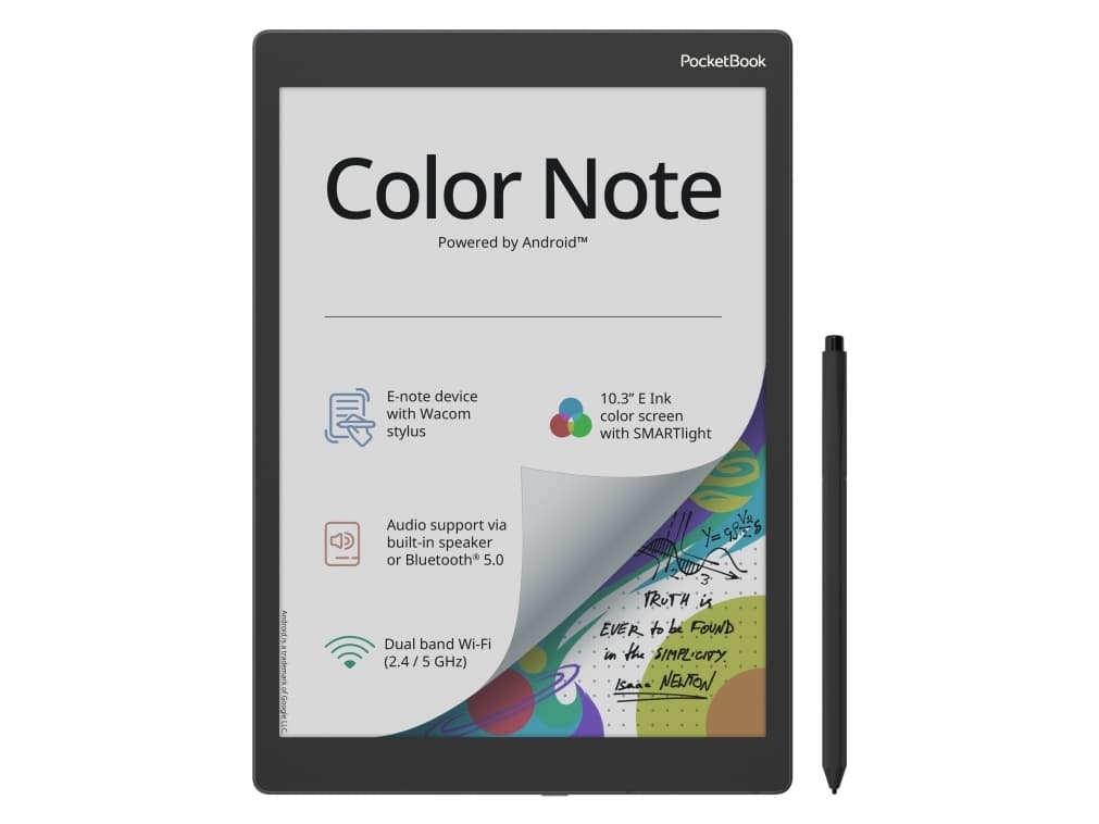 PocketBook Color Note, 26,2 cm (10.3), E Ink Kaleido, 1404 x 1872 pikseliä, ACSM, AZW, AZW3, CBR, CBZ, CHM, DOC, DOCX, DjVu, EPUB, EPUB DRM, FB2, FB2.ZIP, HTM, HTML, MOBI,..., MP3, OGG, BMP, JPEG, PNG