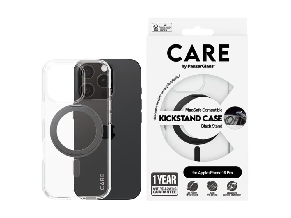 PanzerGlass CARE™ by ® Case Transparent w. Black Kickstand & MagSafe iPhone 16 Pro, Suojus, Apple, Apple - iPhone 16 Pro, musta