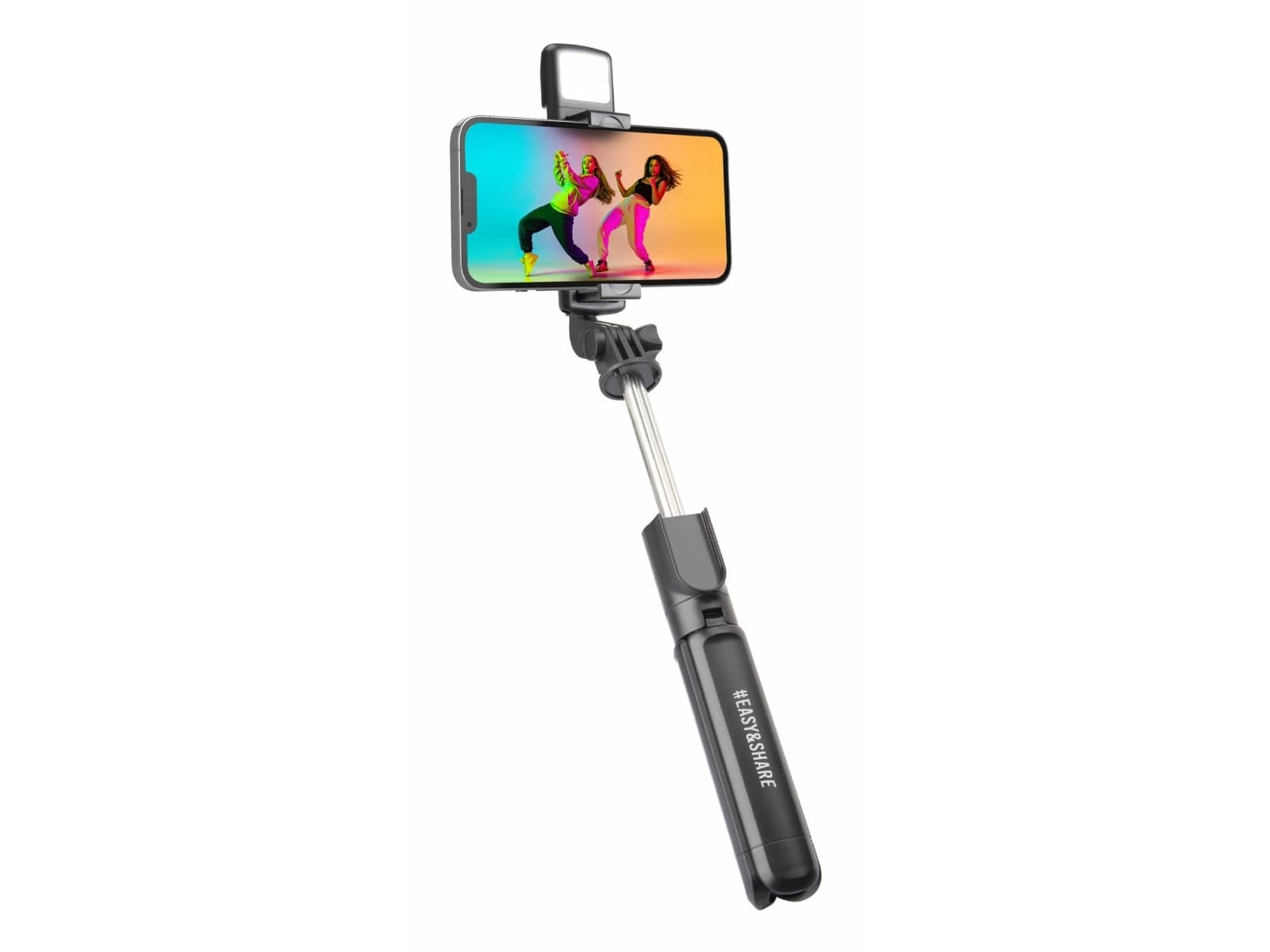 SBS Universal selfie stick, jossa on sisäänrakennettu LED-valo ja jalusta, musta