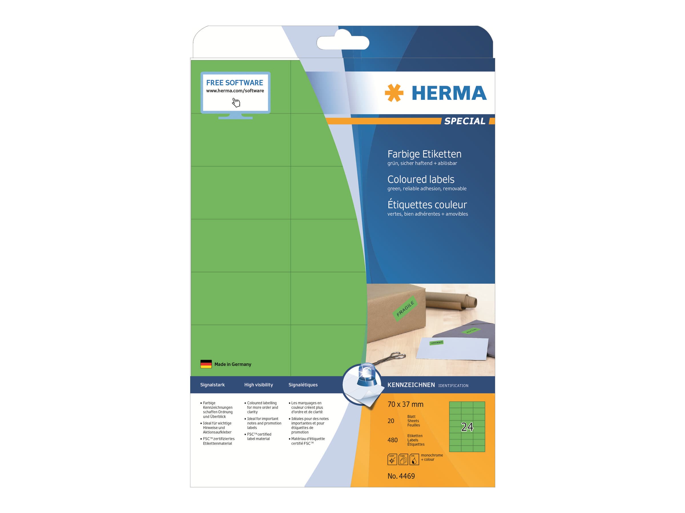 HERMA Special - paperi - matta - pysyvä itseliimautuva - vihreä - 70 x 37 mm 480 tarraa (20 arkkia x 24)