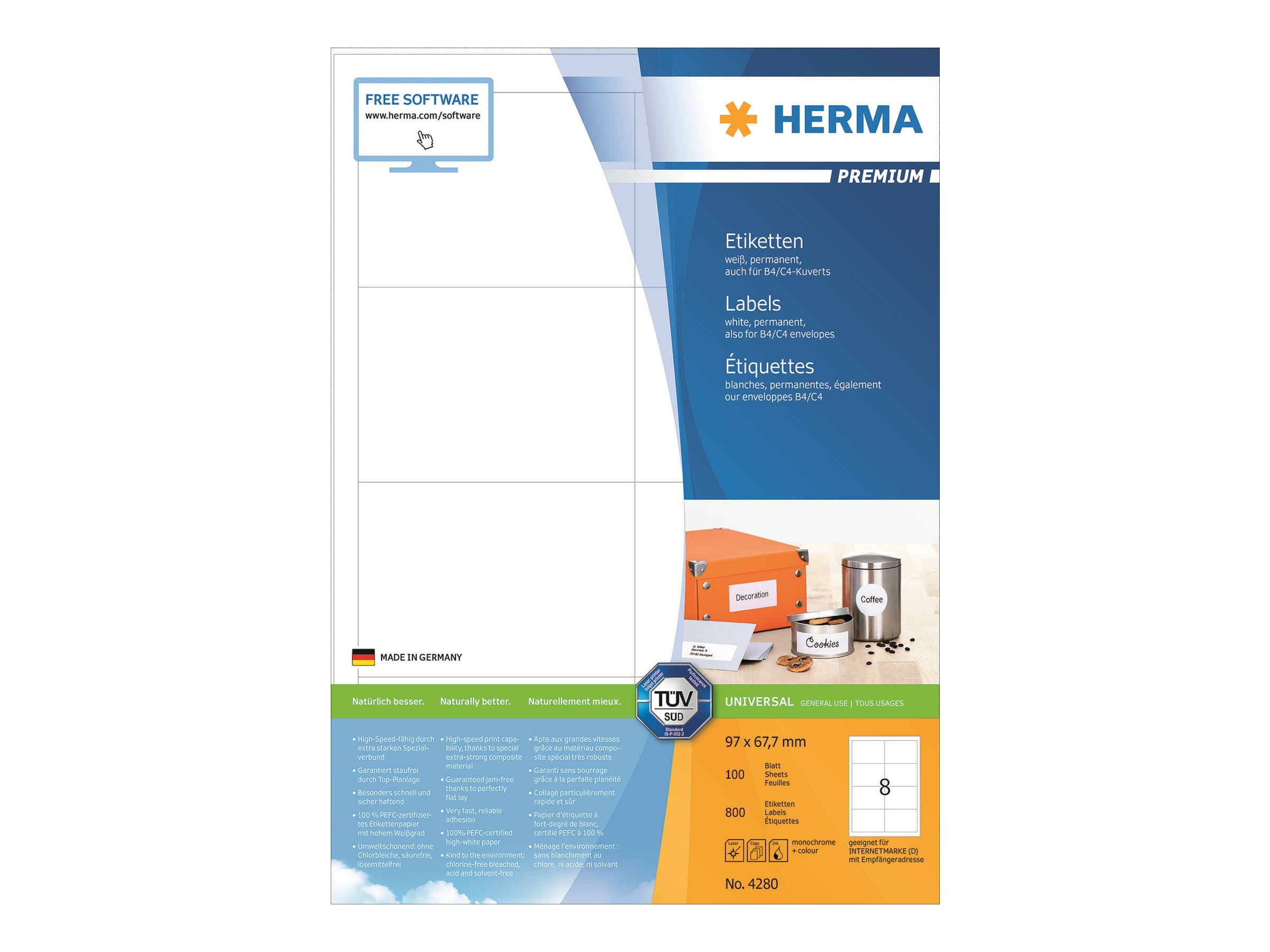 HERMA 4280, Valkoinen, Itse kiinnittyvä tulostintarra, A4, Paperi, Laser/Inkjet, Kiinteä