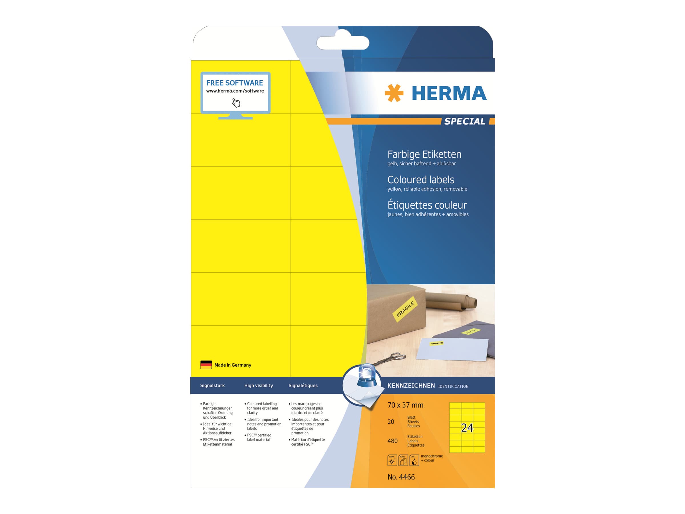 HERMA 4466, Keltainen, Itse kiinnittyvä tulostintarra, A4, Paperi, Laser/Inkjet, Irroitettava