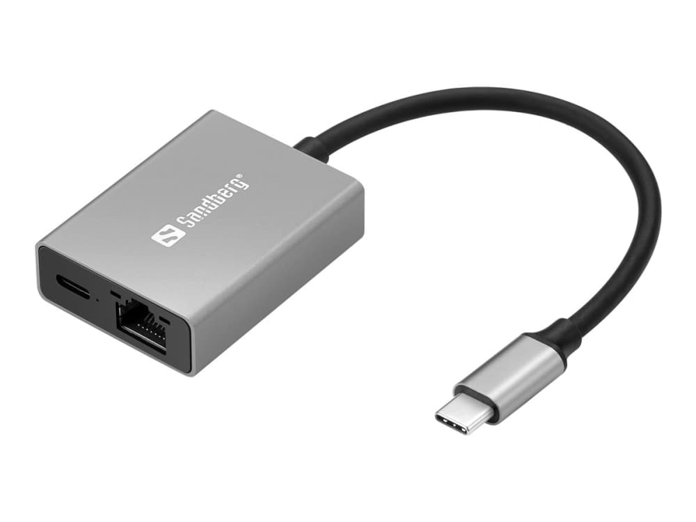 Sandberg USB-C Gigabit -sovitin PD100W, USB Type-C, RJ-45, uros/naaras, harmaa, 1 Gbit/s, Windows 10, Windows 11