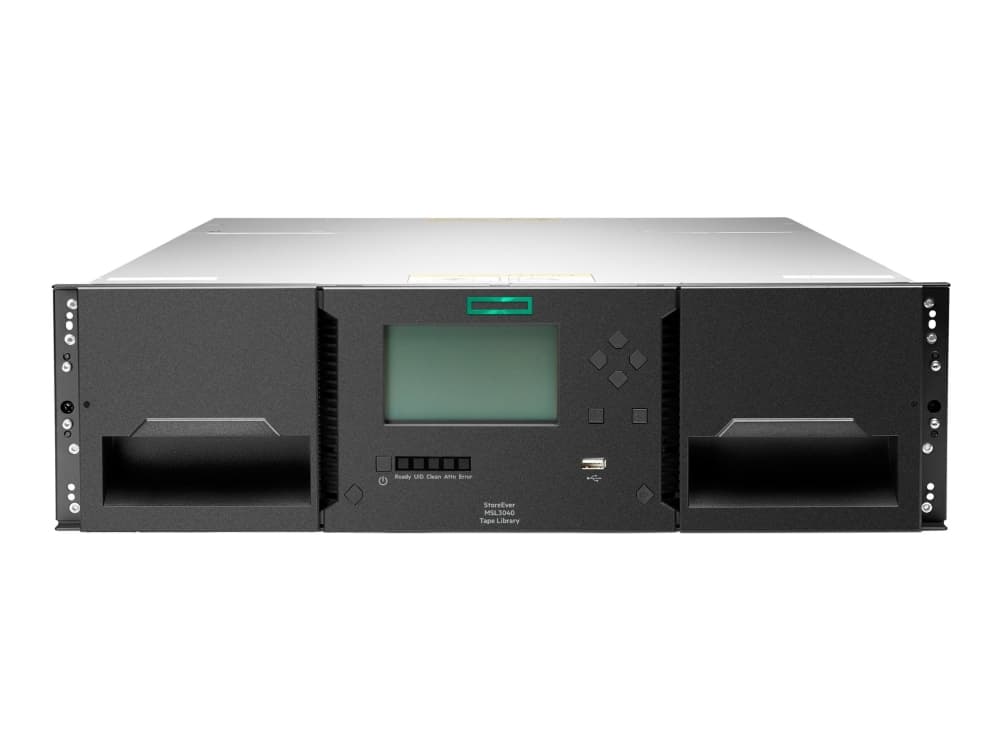 HPE StoreEver MSL3040 - Nauhakirjasto - 720 TB / 1,8 PB - Laajennusyksiköt: 40 - LTO Ultrium (18 TB / 45 TB) x 1 - Ultrium 9 - SAS-3 - räkkiversio - 3U - 3 puolikorkeaa (HH) LTO-asemaa moduulia kohti, viivakoodinlukija, salaus