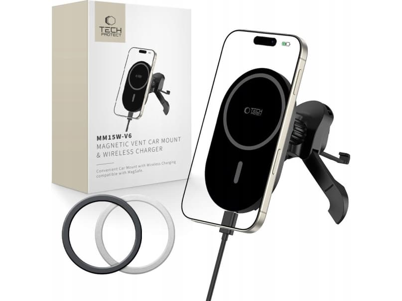 TECH-PROTECT MM15W-V6 MAGNETIC MAGSAFE STABLE VENT CAR MOUNT WIRELESS CHARGER 15W BLACK/BLACK