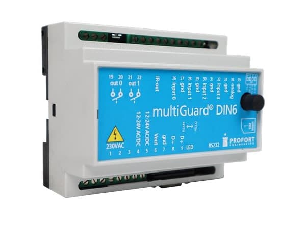 PROFORT multiGuard® DIN6. 4G-lähetin/vastaanotin, teknisten laitteistojen valvontaan, 4 digitaalista ja 1 analoginen tulo. 2 relelähtöä