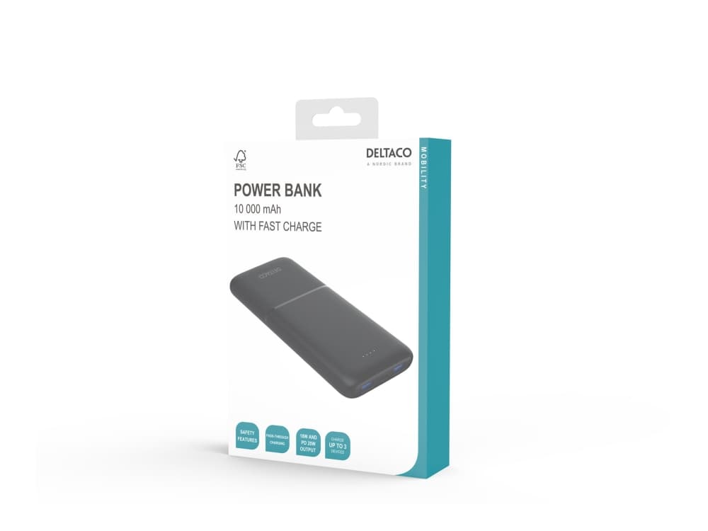 DELTACO ulkoinen akku 10 000 mAh, 2 x USB-A 18 W, 1 x USB-C PD 20 W / PB-C1007