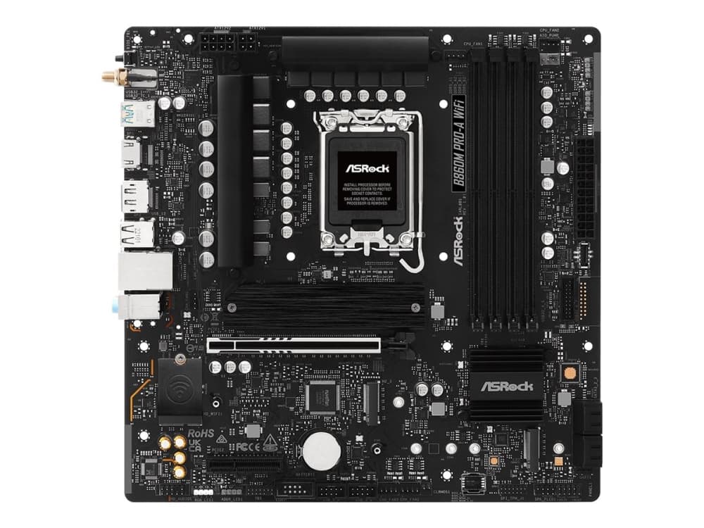 ASRock B860M Pro-A WiFi - Emolevy - micro ATX - LGA1851-asennuspaikka - B860-piirisarja - USB-C 3.2 Gen 2x2, USB-C 3.2 Gen 1, USB 3.2 Gen 1 - 2,5 gigabitin LAN - sisäinen grafiikka (CPU tarvitaan) - HD-ääni (8-kanavainen)