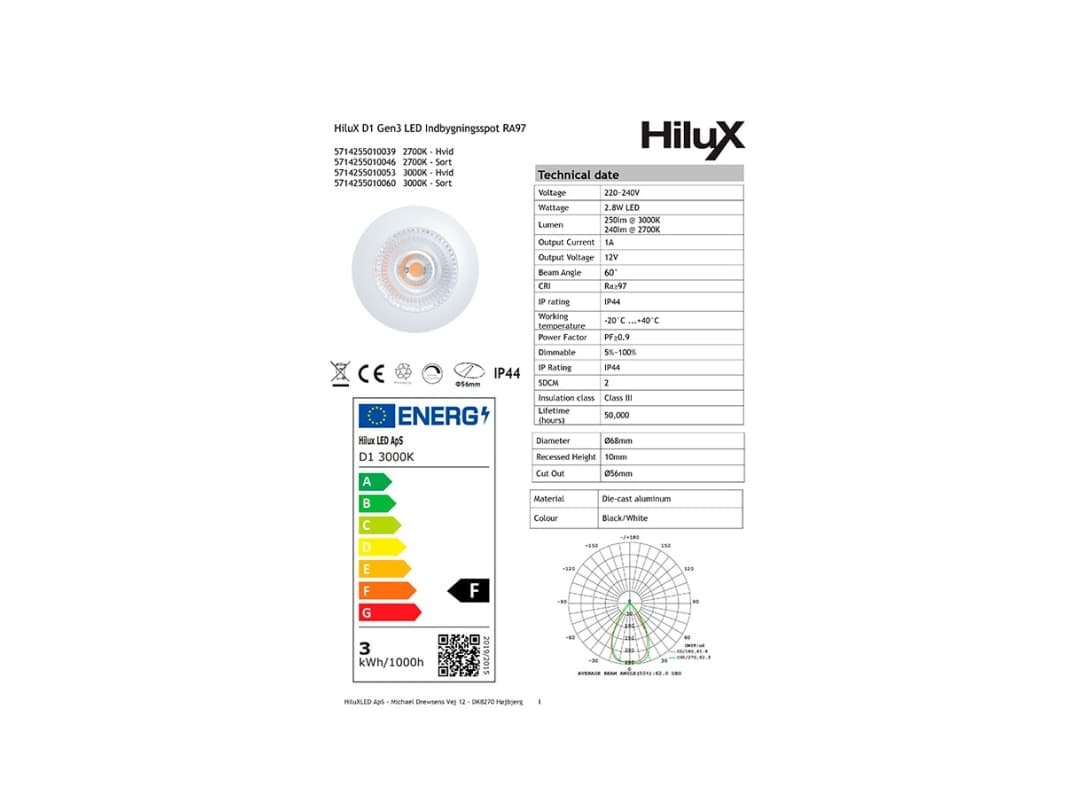 HiluX D1 Gen3 - Täyden spektrin LED upotettava valonheitin - 2.8W - Ra97 3000K - Valkoinen - Valkoinen