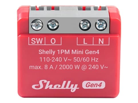 Shelly 1PM Mini Gen4, Älykäs kytkin, Langaton, Muovi, 30 m, 50 m, Punainen
