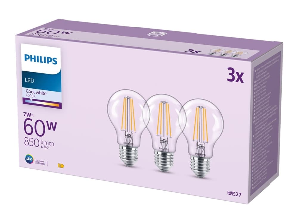 Philips Lamppu, 7 W, 60 W, E27, 850 lm, 15000 h, Viileä valkoinen