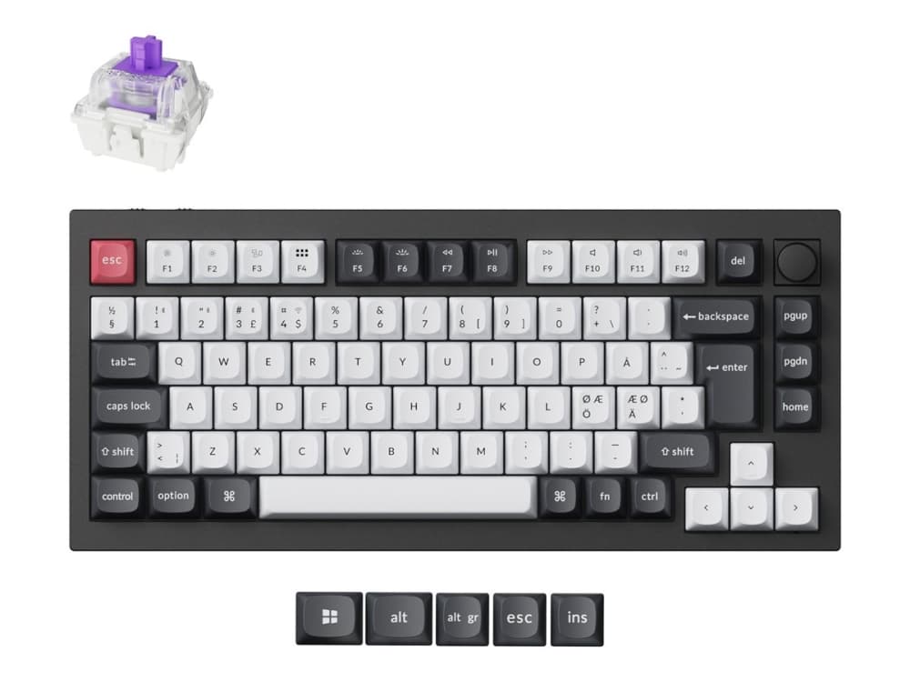 Keychron Q1 HE - Näppäimistö - QMK räätälöity, täysin koottu painike - 75% - taustavalaistu - langaton - 2,4 GHz, USB, Bluetooth 5.1, USB-C - QWERTY - pohjoismainen - näppäinkytkin: Gateron Double-Rail Nebula (vaihdettavissa) - hiilimusta - hiilimusta