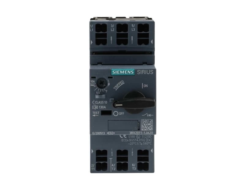 Siemens 3RV2011-1JA20 Katkaisija 1 kpl Asetusalue (virta): 7 - 10 A Kytkentäjännite (max.): 690 V/AC (L x K x S) 45 x 106 x 97 mm