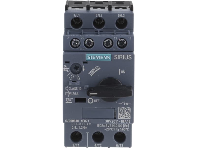 Siemens 3RV2011-1BA15 Katkaisija 1 kpl Asetusalue (virta): 1,4 - 2 A Kytkentäjännite (max.): 690 V/AC (L x K x S) 45 x 97 x 97 mm