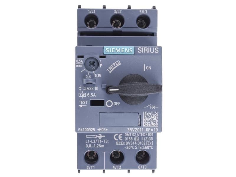Siemens 3RV2011-0FA10 Katkaisija 1 kpl Asetusalue (virta): 0,35 - 0,5 A Kytkentäjännite (max.): 690 V/AC (L x K x S) 45 x 97 x 97 mm
