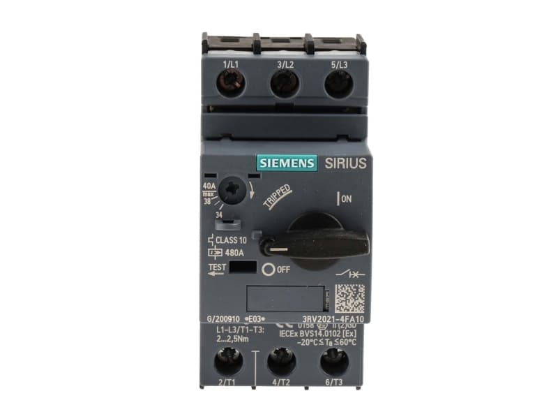 Siemens 3RV2021-4FA10 Katkaisija 1 kpl Asetusalue (virta): 34 - 40 A Kytkentäjännite (max.): 690 V/AC (L x K x S) 45 x 97 x 97 mm