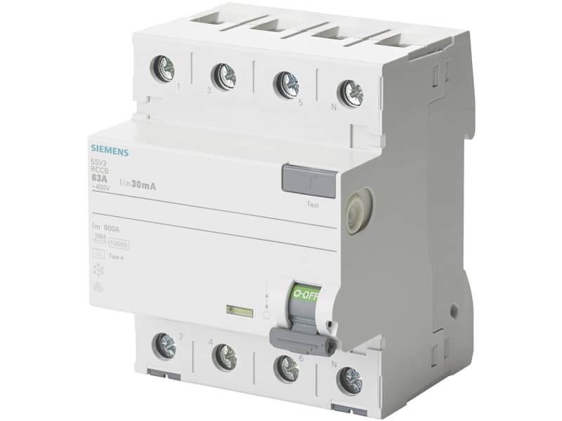 SIEMENS vikavirtasuojakatkaisija tyyppi A 63A 3-napainen + nolla 30mA laukaisuvirta 400V 4 moduulin leveys