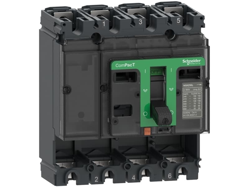 SCHNEIDER ELECTRIC Maksimalafbryder uden strømrelæ, ComPacT NSX250B, 25 kA ved 415 VAC 50/60 Hz, 250 A, 4 napaa