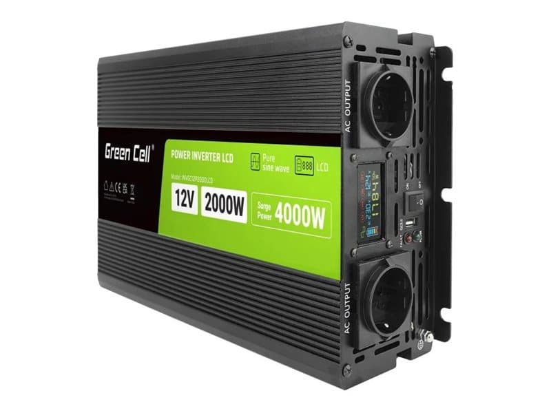 Green Cell PowerInverter LCD 12 voltin 2000W/40000W auton invertteri näytöllä - puhdas siniaalto