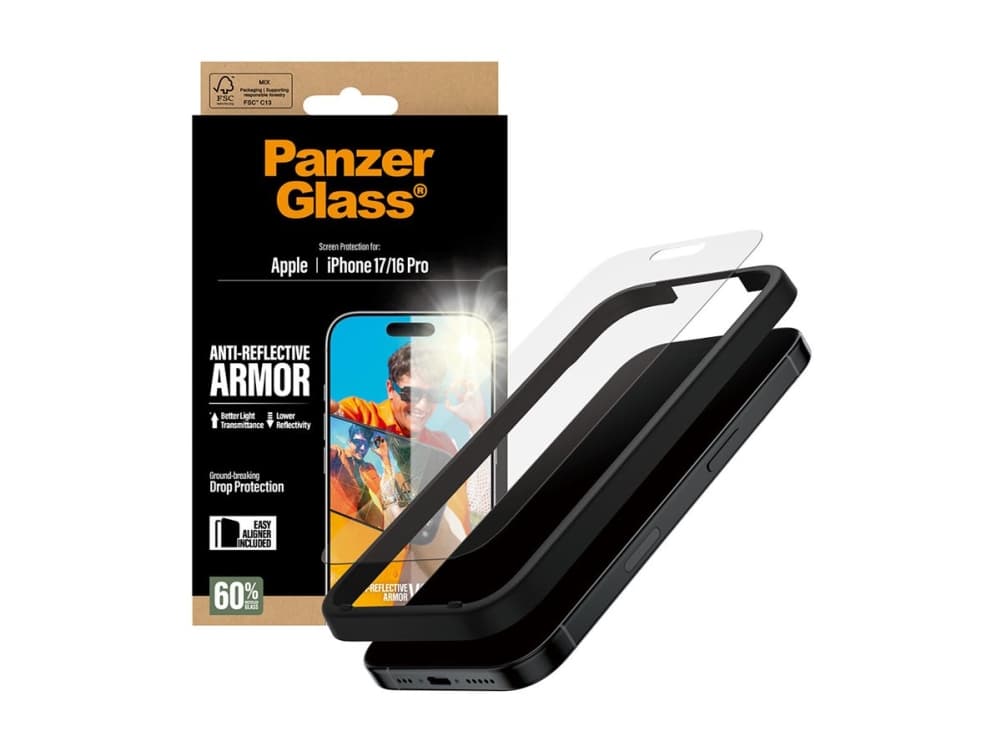 PanzerGlass ® Anti-Reflective Armor -näytönsuoja iPhone 17 | iPhone 16 Pro w. EasyAligner, Apple, Apple - iPhone 17, Apple - iPhone 16 Pro, kuivapinnoitus, naarmuuntumaton, iskunkestävä, läpinäkyvä, 1 kpl