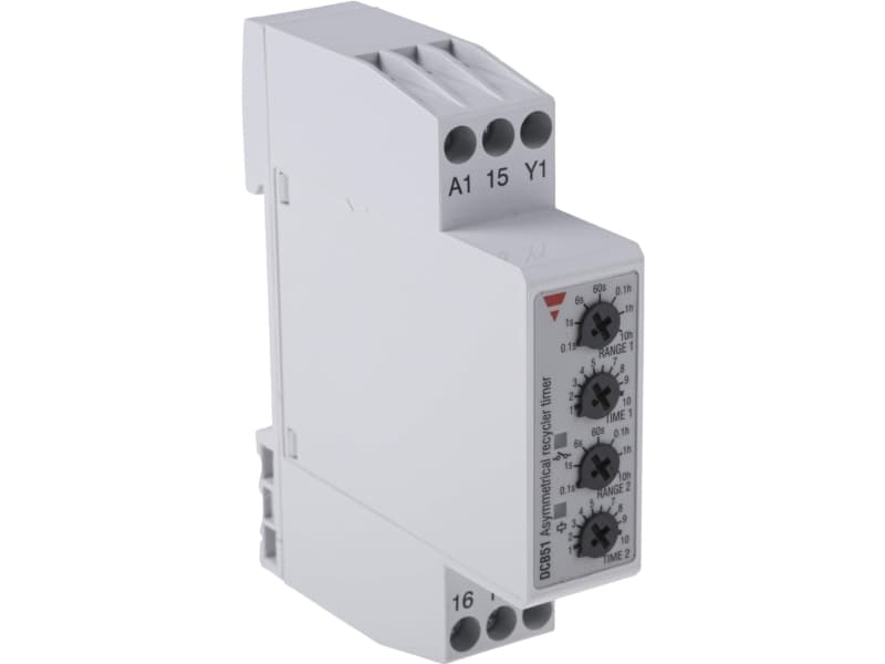 CARLO GAVAZZI Epäsymmetrinen kello, tauko- tai pulssikäynnistys, 1CO potentiaalivapaa 5A, 250VAC, kelan jännite 24VDC / 24-240VAC, 0,1s.-100h., DIN