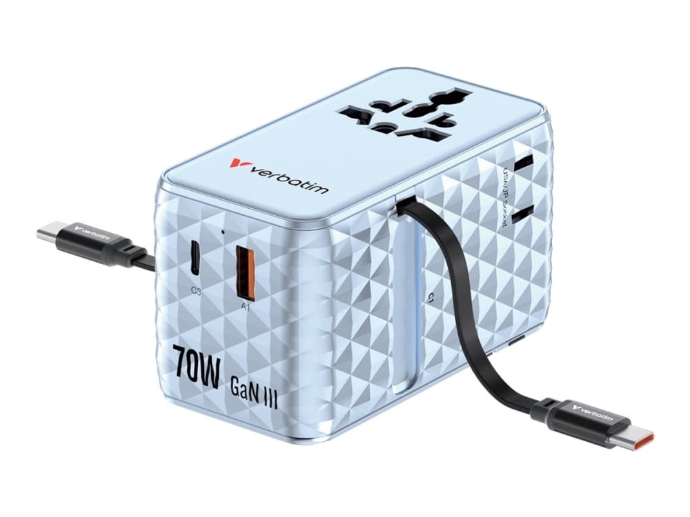 Verbatim EU/UK/USA matkasovitin GaN 1xUSB-C/1xUSB-A/2xUSB-C PD 70W sininen 30187