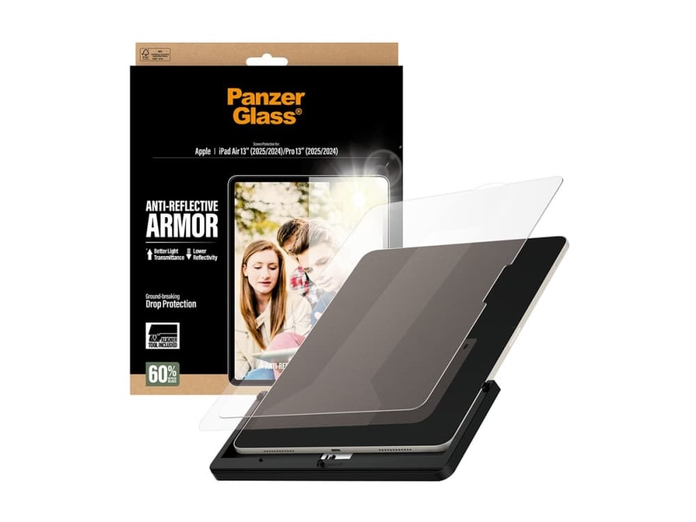 PanzerGlass ® Anti-Reflective Armor Screen Protection iPad Air 13 (2025-2024) | Pro 13 (2025-2024) | Ultra-Wide Fit w. Fastfit tool, Apple, Apple - iPad Air 13 (2025), Apple - iPad Air 13"""" (2024), Apple - iPad Pro 13"""" (2024), Apple -..., Kuiva-applikaatio, Naarmuuntumaton, Iskun kestävä, Läpinäkyvä, 1 kpl