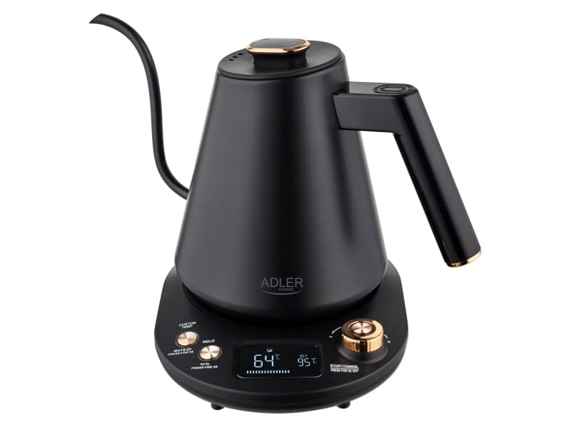 Adler AD 1349, 1 L, 1100 W, Musta, Kulta, Säädettävä termostaatti, Veden tason ilmaisin, Johdoton