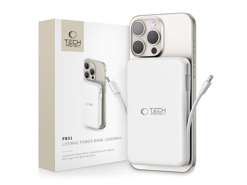 Powerbank Tech-Protect LifeMag PB31 MagSafe 10000mAh 15W USB-C / USB-A / sisäänrakennettu USB-C / Lightning-kaapeli - valkoinen