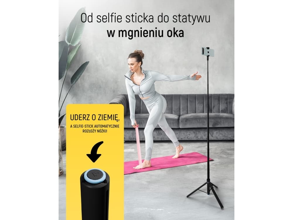 Selfie-tikku Wozinsky WRZP1, jossa on automaattisesti taittuvat jalat, jalustatoiminto, 1.7m - musta