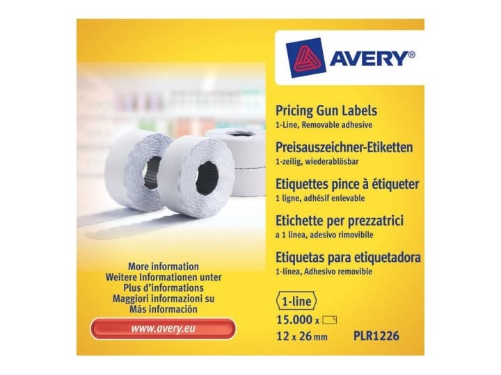 Avery PLR1226, Valkoinen, Hintalappu, Paperi, 26 mm, 12 mm, 15000 kpl